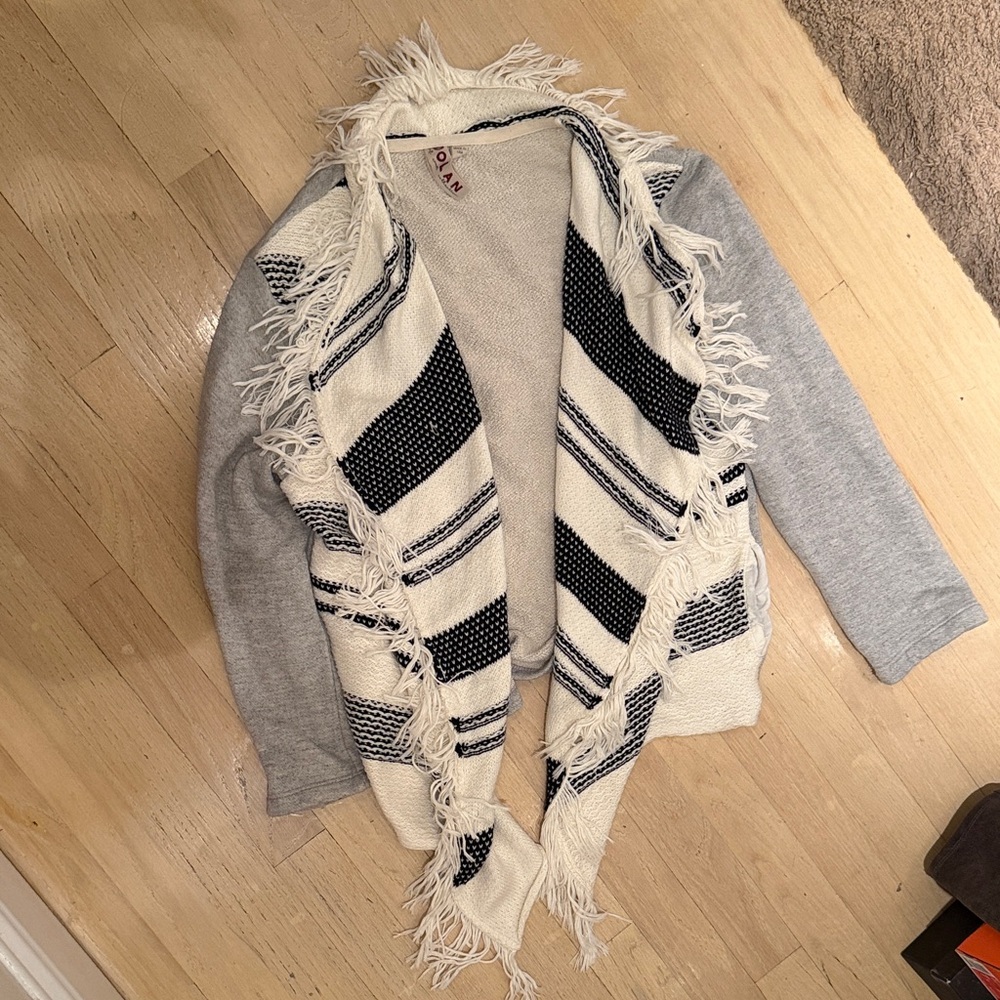 dolan Fringe-Trim Open-Front Shrug in Cream & Black - Picture 1 of 1